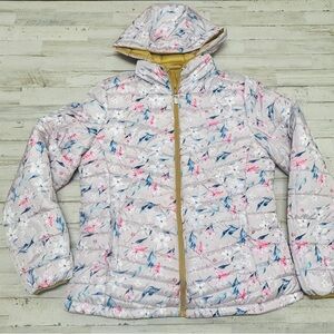 Women’s XL Polu Lightweight Reversible Puffer Jacket Gold Floral Removable Hood